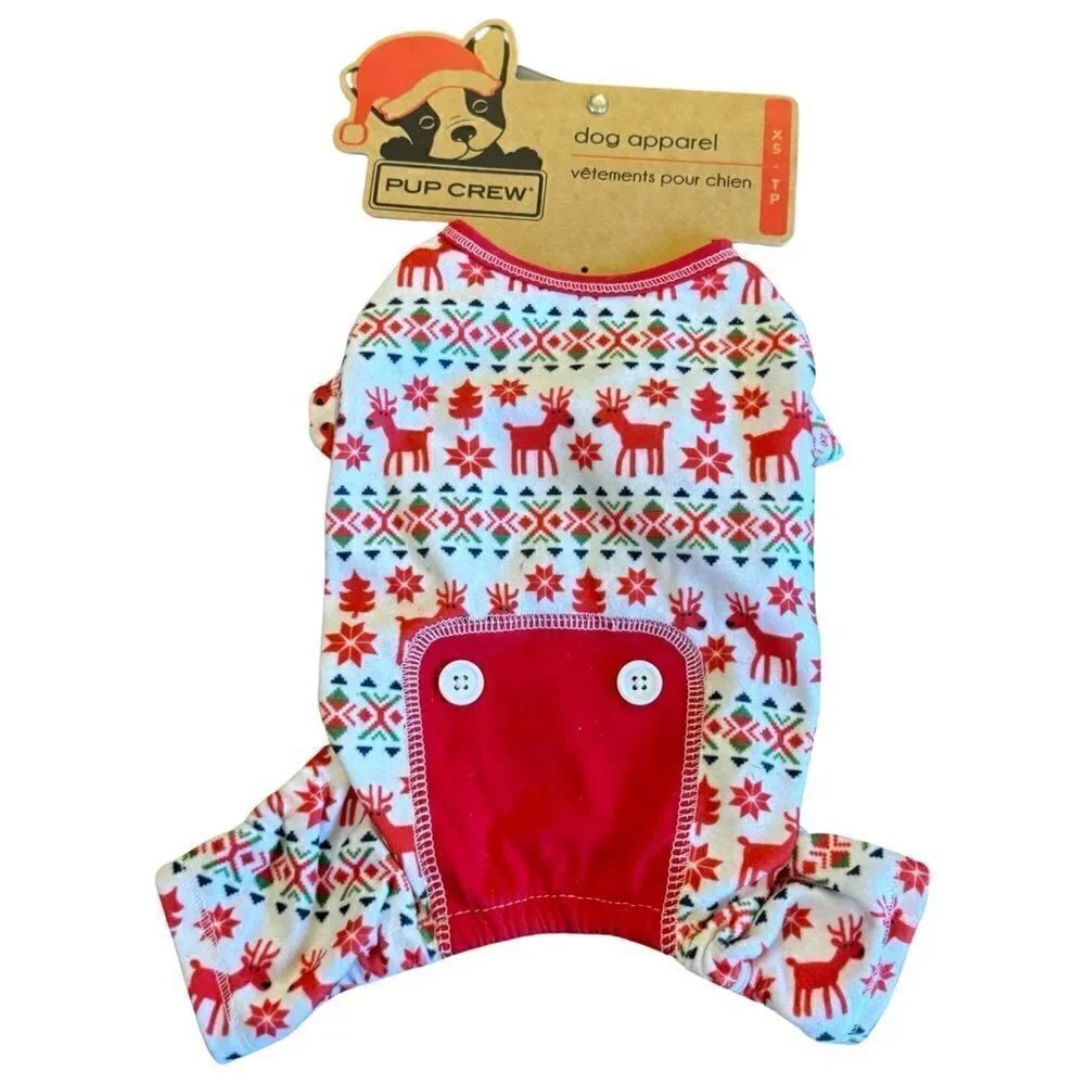 Pup Crew Red & White Reindeer Fairisle Knit Pet Pajamas XS NWT